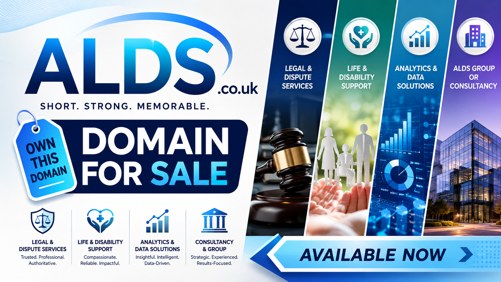Promotional graphic featuring the domain ALDS.co.uk with legal icons, analytics charts and healthcare motifs. Style: modern corporate.