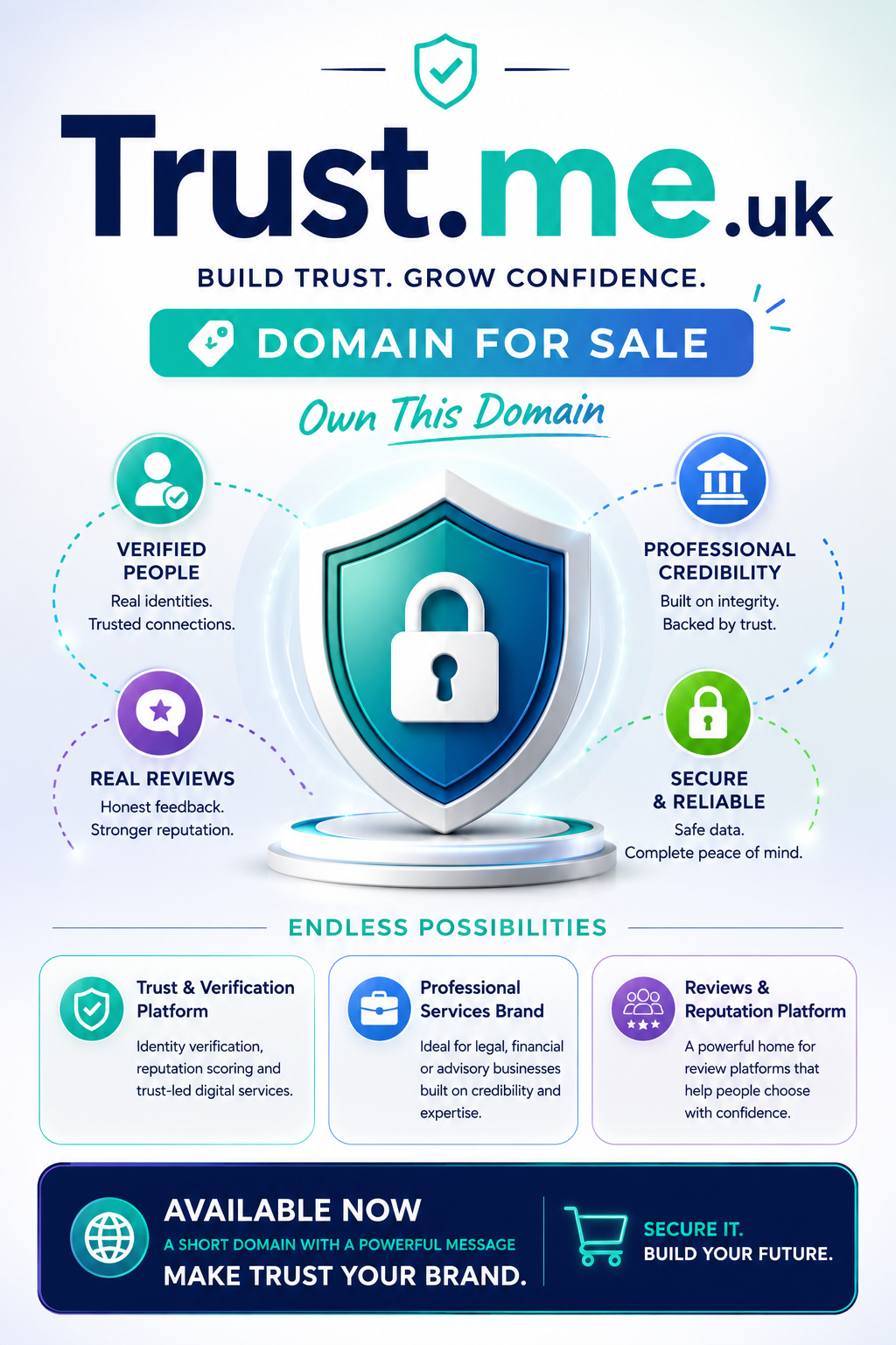 Promotional graphic for Trust.me.uk with shield icon, trust badges and domain-for-sale messaging in a modern tech style.