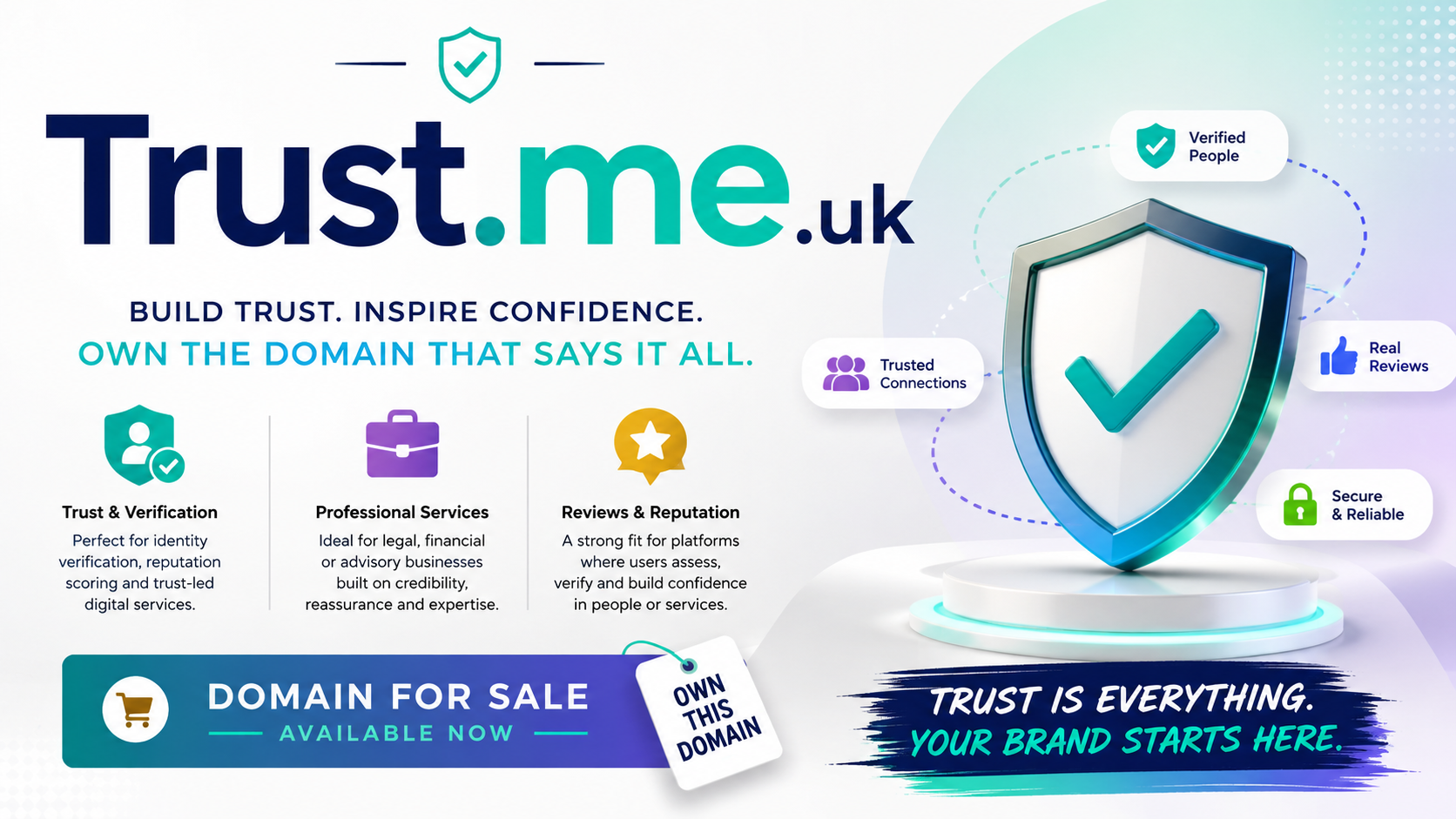 Promotional graphic for Trust.me.uk with shield icon, trust badges and domain-for-sale messaging in a modern tech style.
