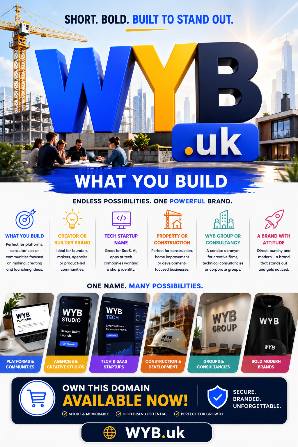 Promotional graphic for WYB.uk with giant 3D letters, cranes and startup branding. Style: bright modern industrial.