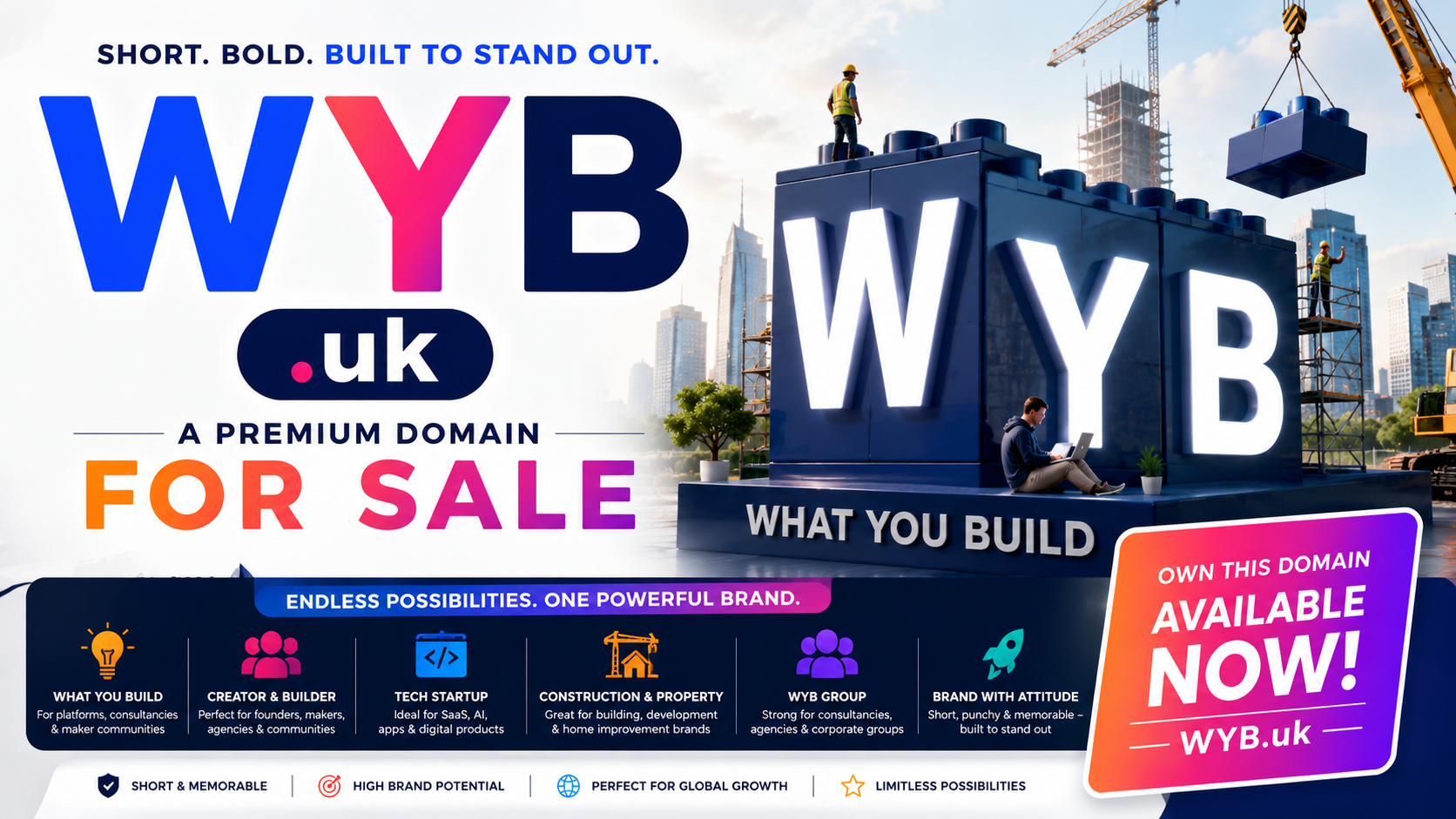 Promotional graphic for WYB.uk with giant 3D letters, cranes and startup branding. Style: bright modern industrial.